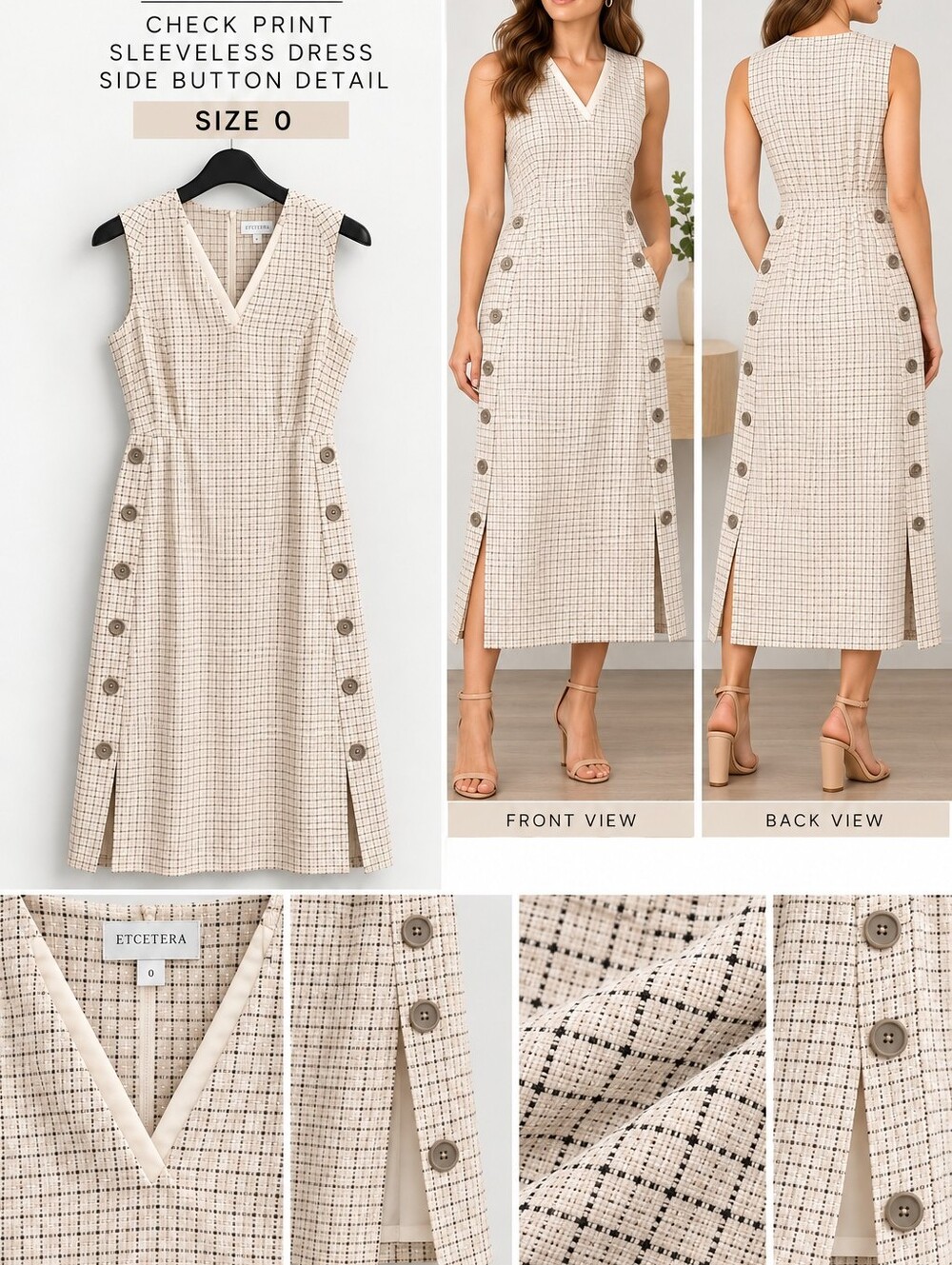 Etcetera Beige Check Side-Button Sleeveless Midi Sheath Dress - NWT
